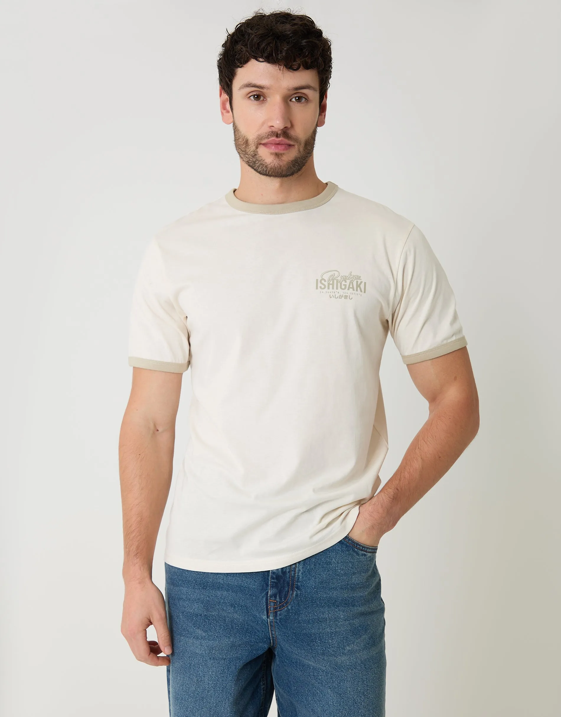 Ecru Ishigaki Graphic Cotton Ringer T-Shirt sold by Threadbare product image thumbnail 2