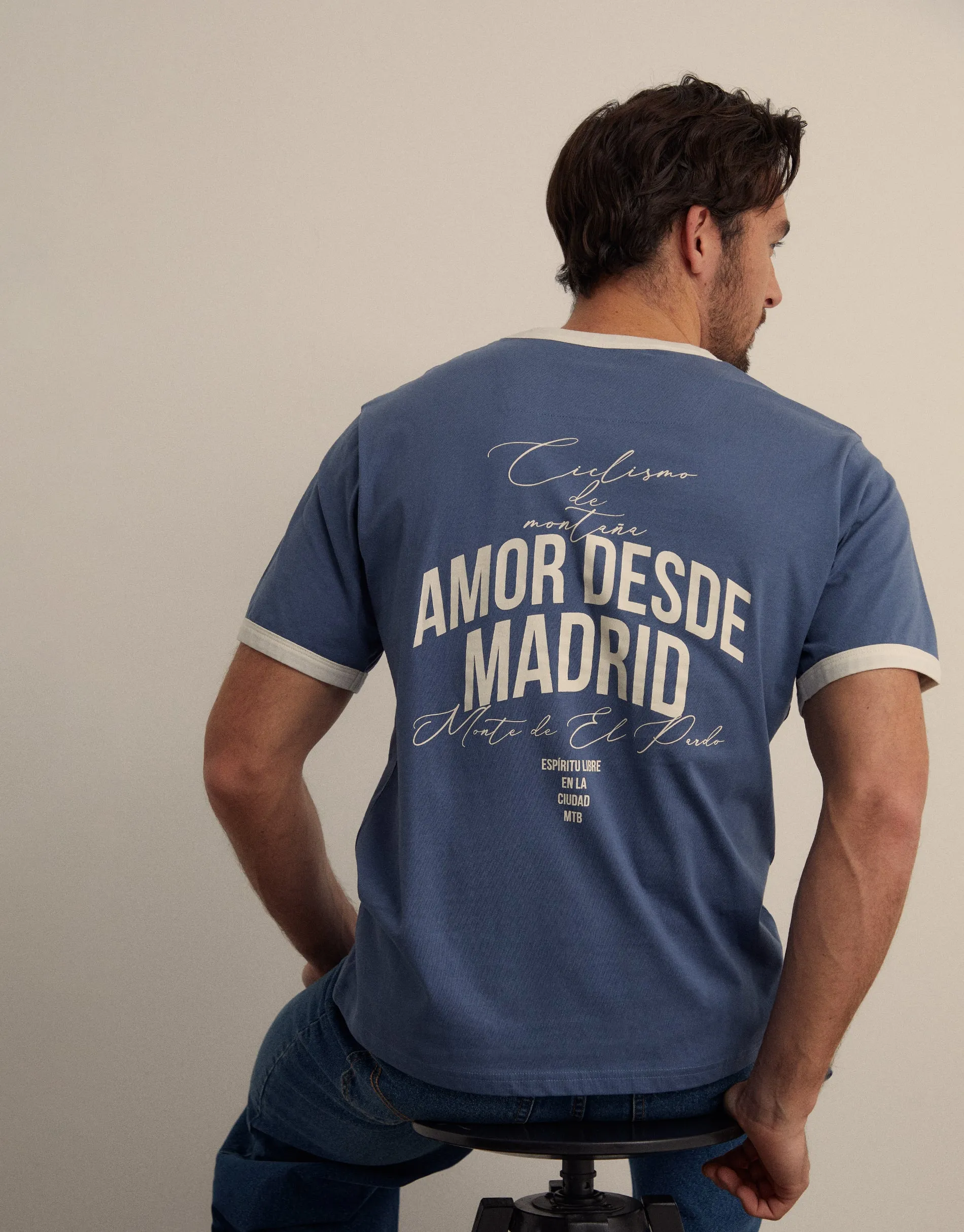 Dark Denim Madrid Graphic Cotton Ringer T-Shirt sold by Threadbare