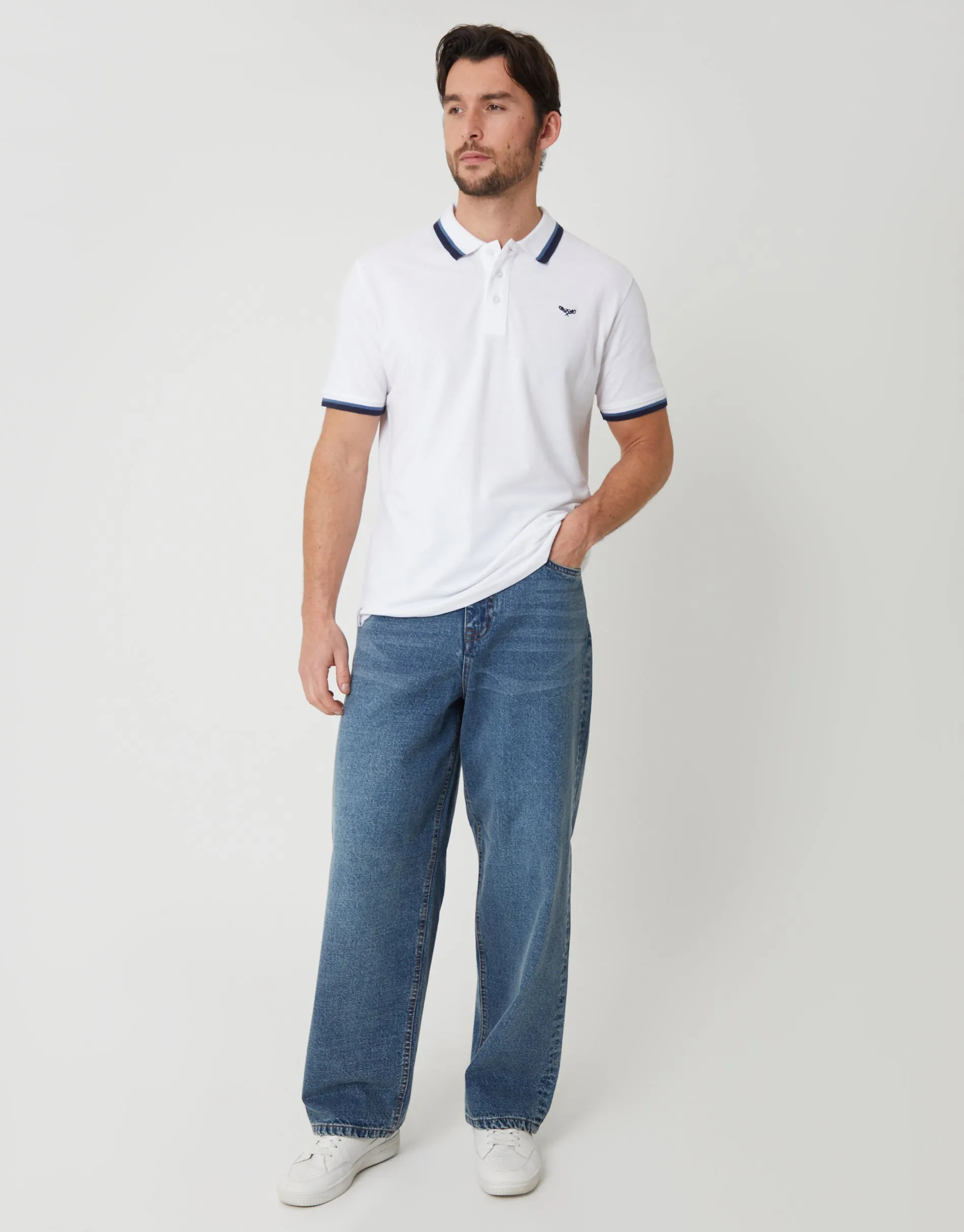 White Herringbone Tipping Detail Pique Polo Shirt sold by Threadbare product image thumbnail 3