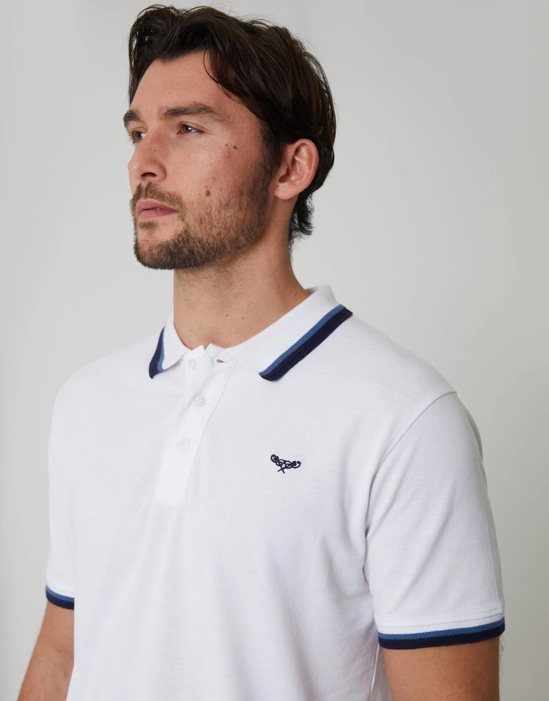White Herringbone Tipping Detail Pique Polo Shirt sold by Threadbare product image thumbnail 4
