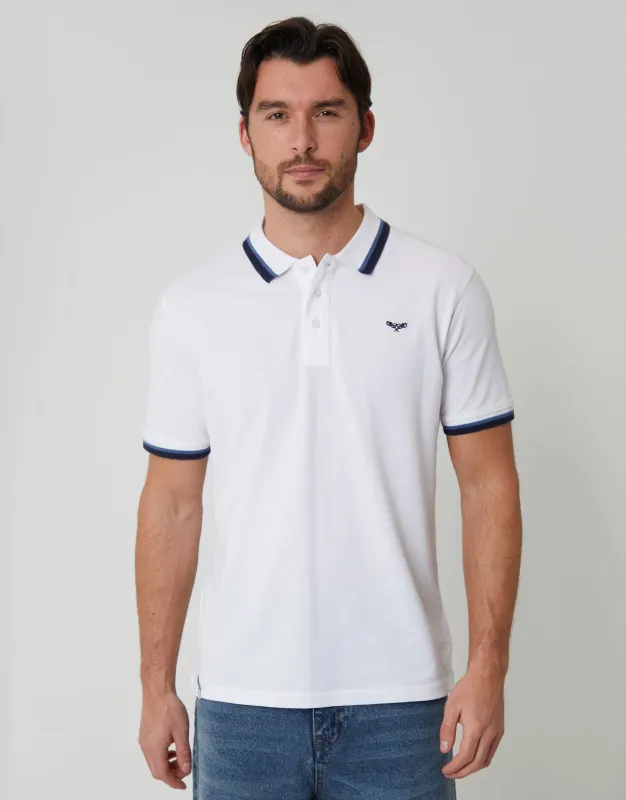 White Herringbone Tipping Detail Pique Polo Shirt sold by Threadbare