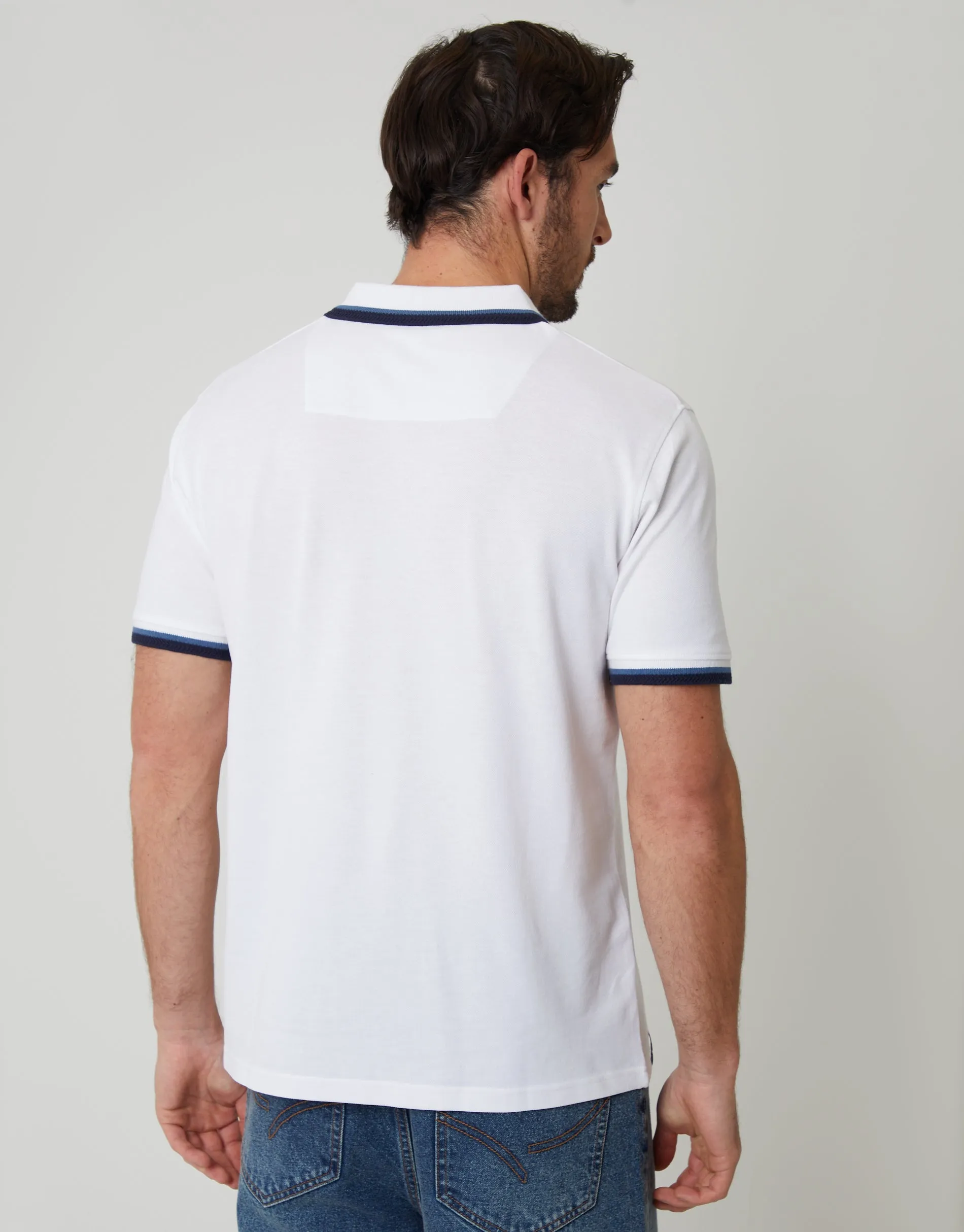 White Herringbone Tipping Detail Pique Polo Shirt sold by Threadbare product image thumbnail 2