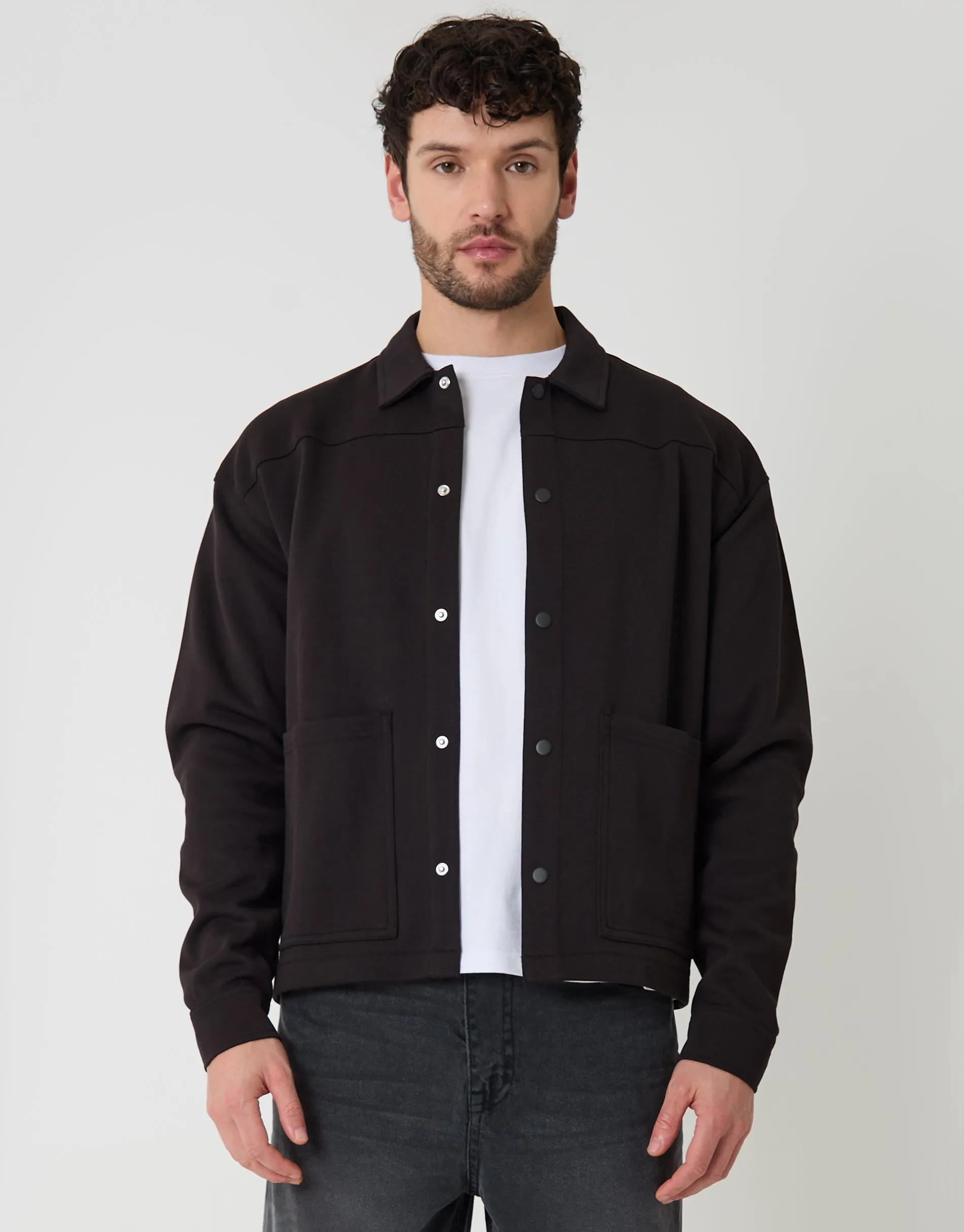 Black Popper Fastening Cropped Fit Shacket sold by Threadbare product image thumbnail 5