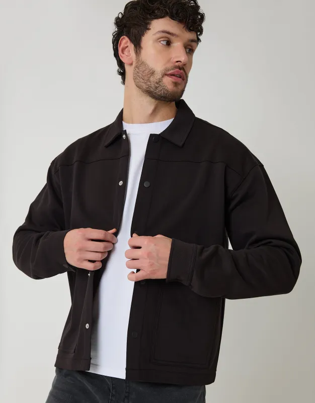 Black Popper Fastening Cropped Fit Shacket sold by Threadbare