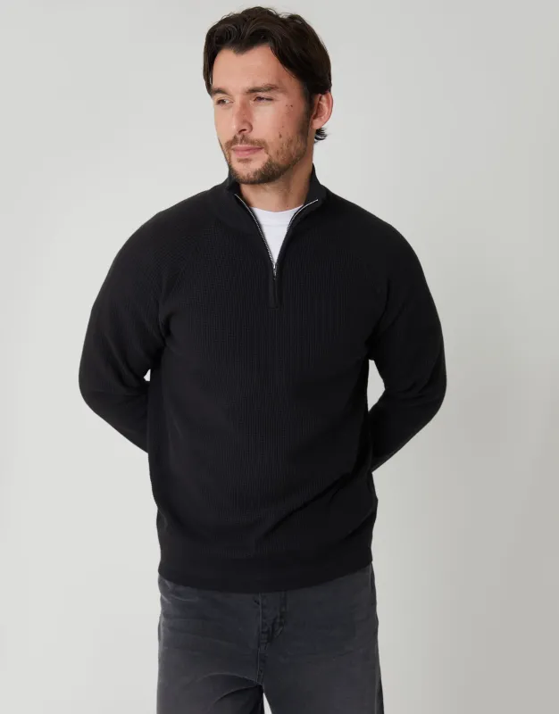Black Waffle Knit Raglan Quarter Zip Jumper sold by Threadbare