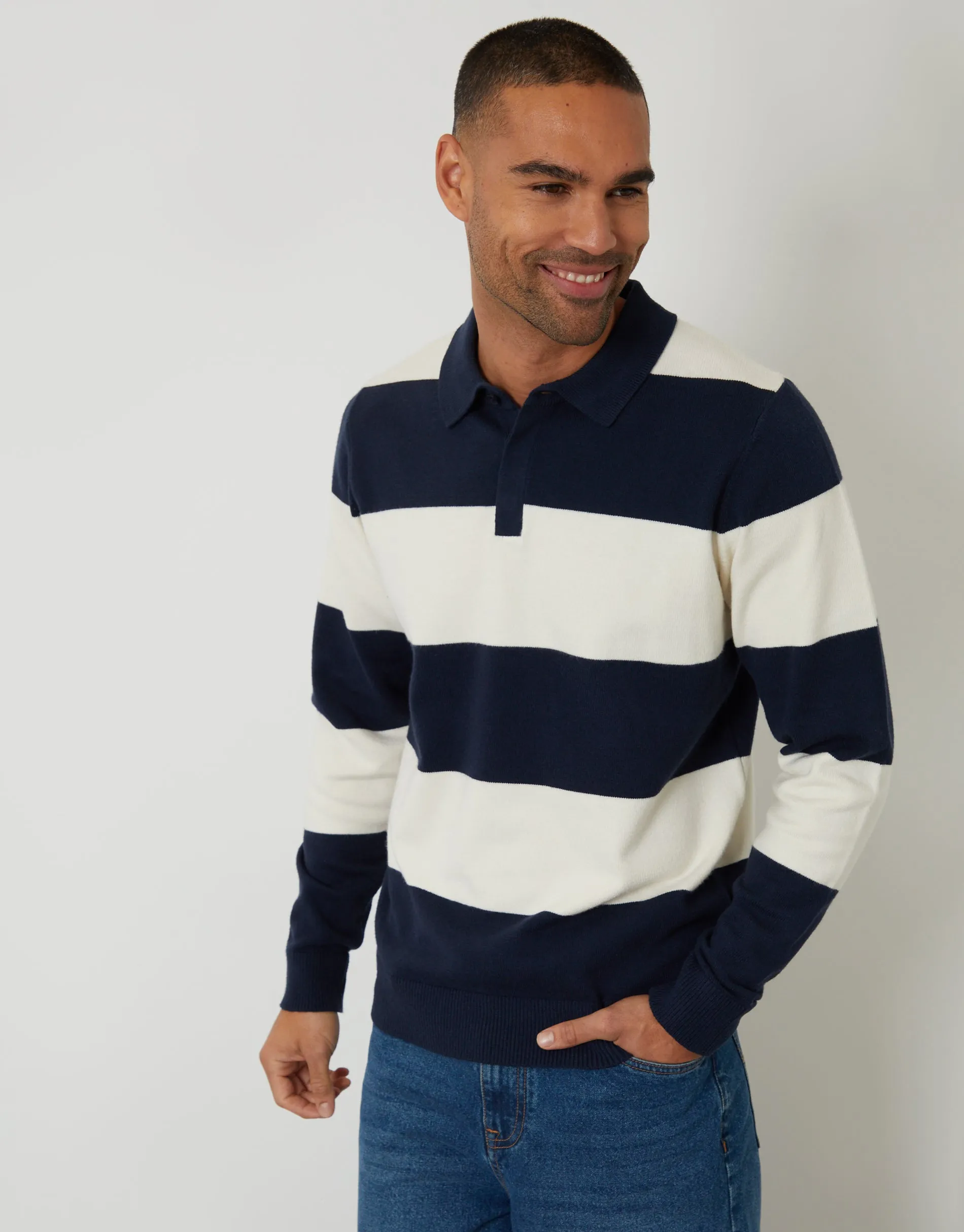 Navy Knitted Long Sleeve Rugby Polo sold by Threadbare