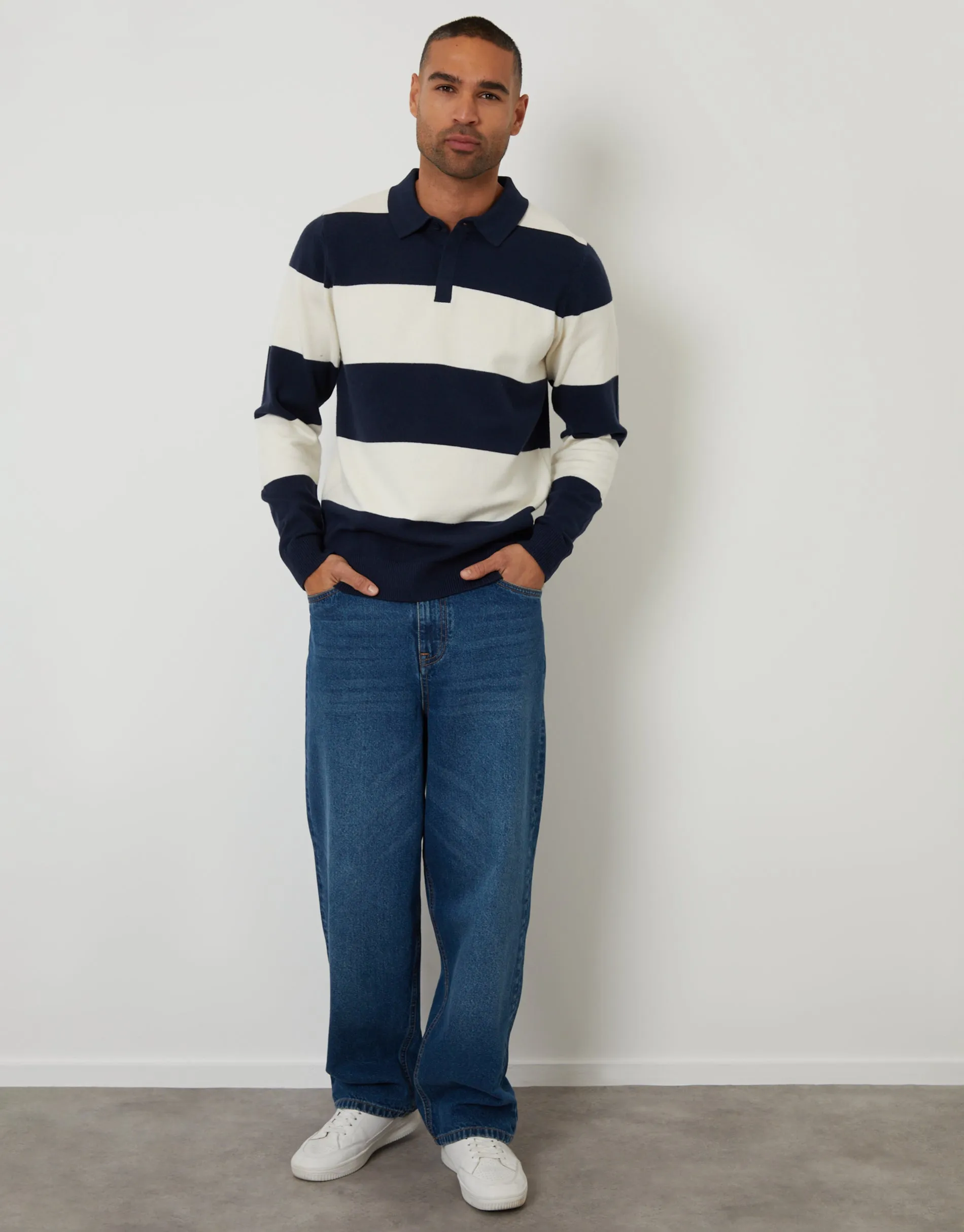 Navy Knitted Long Sleeve Rugby Polo sold by Threadbare product image thumbnail 3