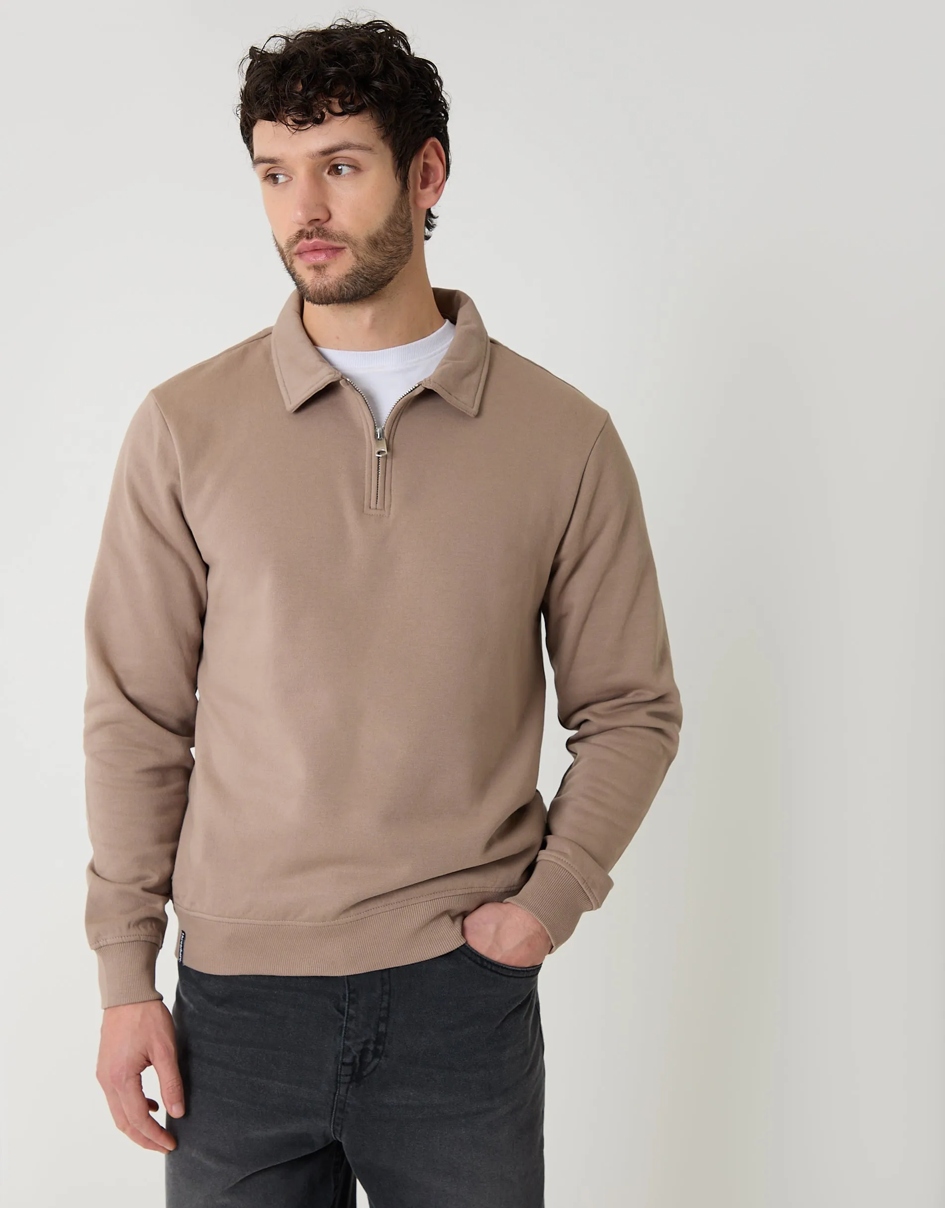 Quarter Zip Collared Sweatshirt in Taupe sold by Threadbare