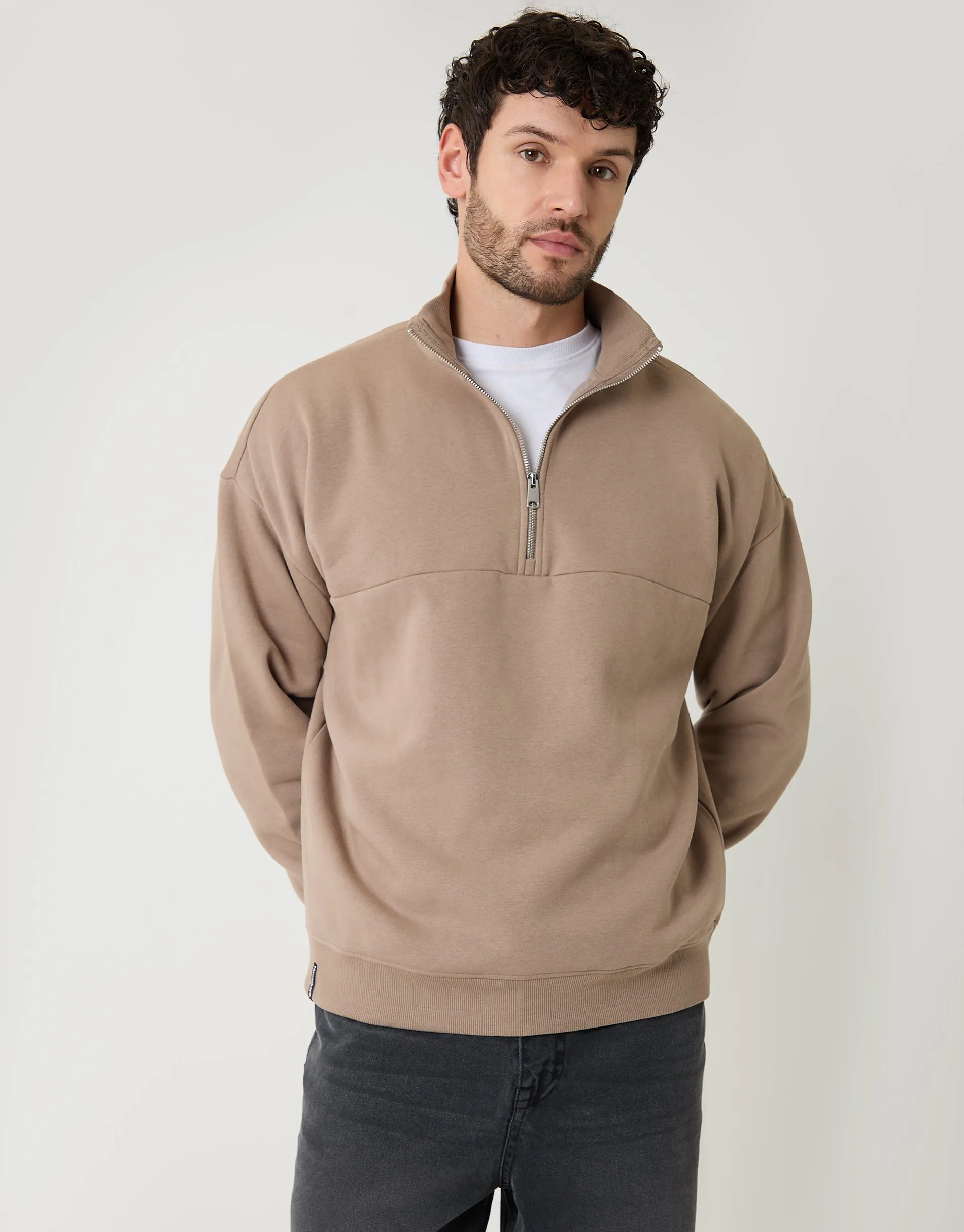 Taupe Relaxed Fit Half Zip Sweatshirt sold by Threadbare