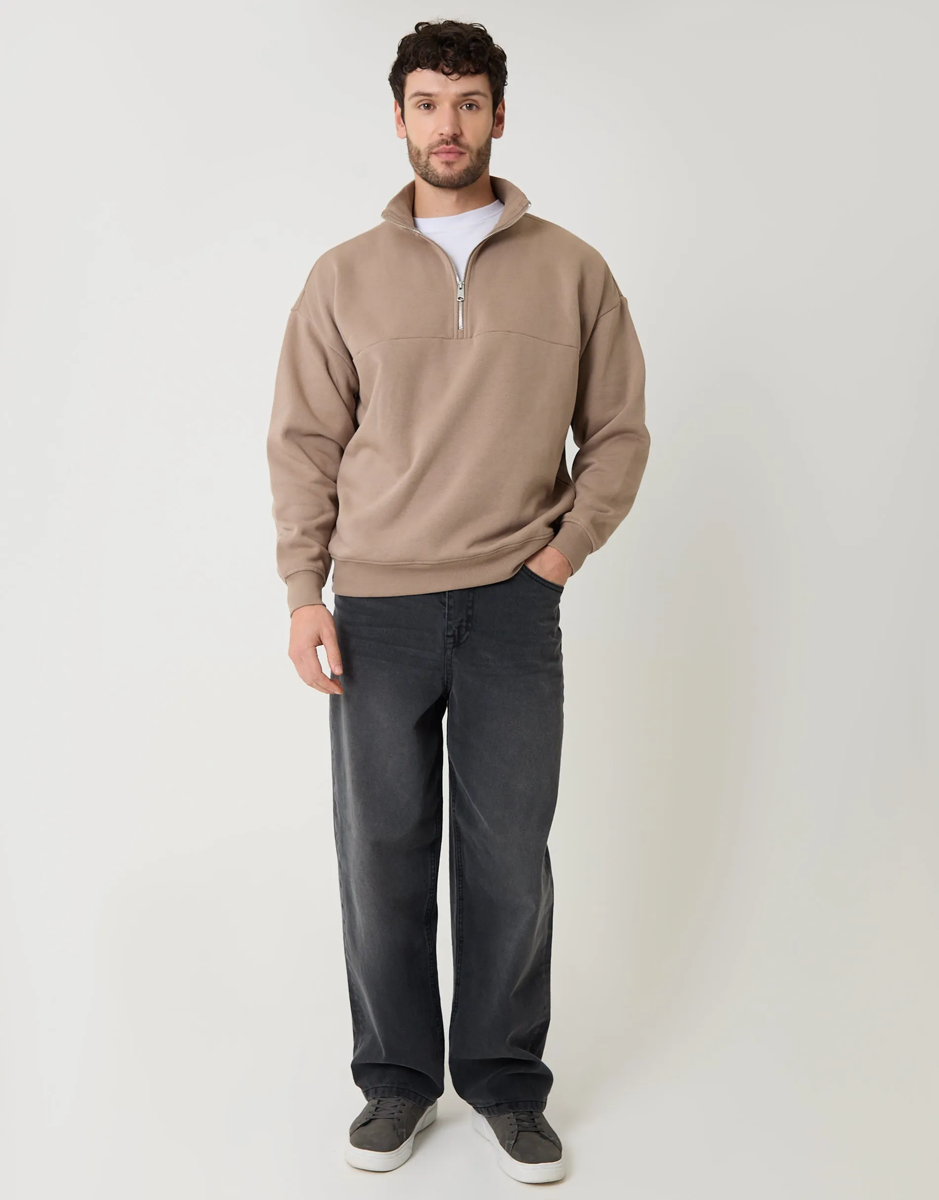 Taupe Relaxed Fit Half Zip Sweatshirt sold by Threadbare product image thumbnail 3