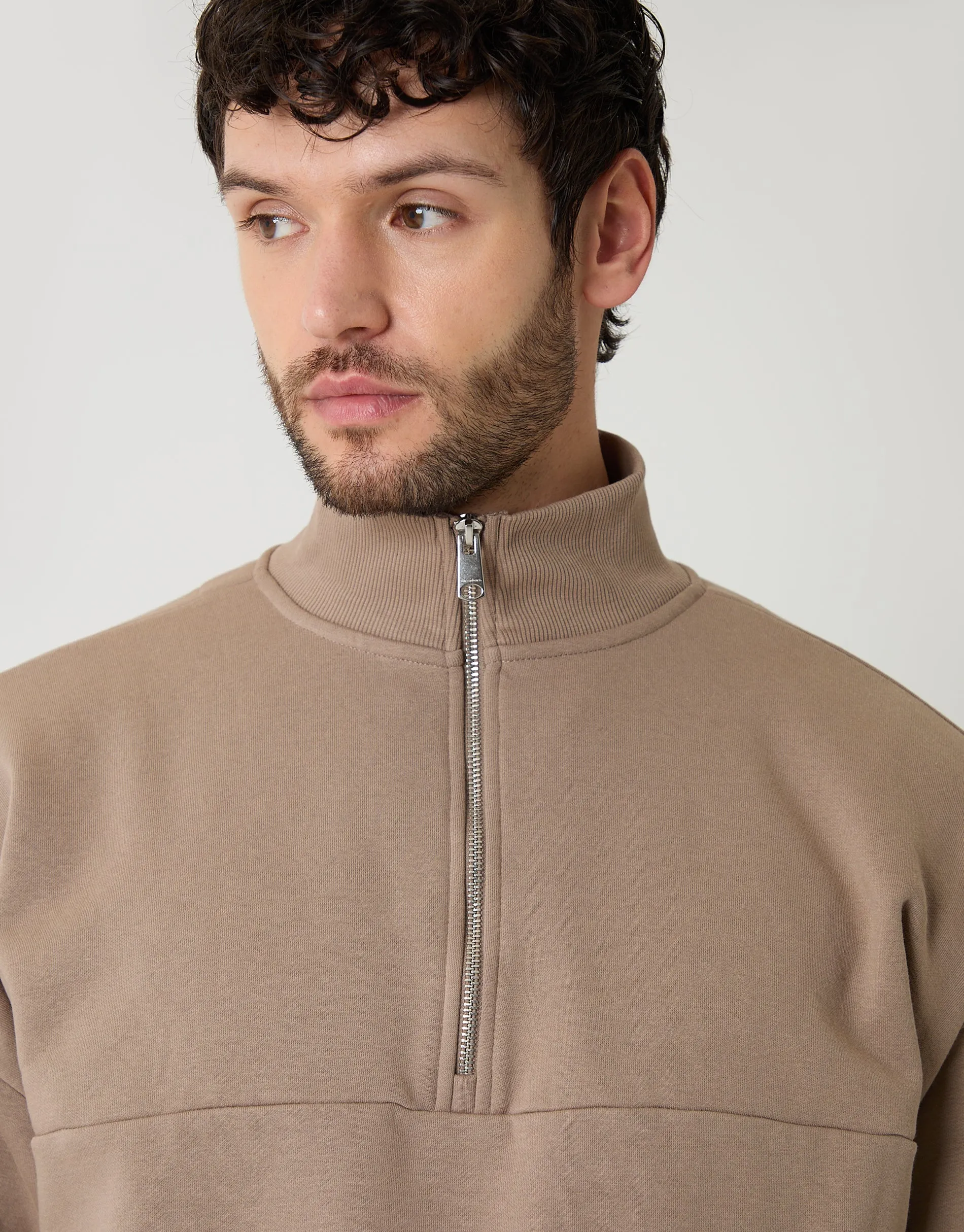 Taupe Relaxed Fit Half Zip Sweatshirt sold by Threadbare product image thumbnail 4