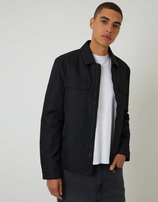 Black Showerproof Lightweight Collared Zip Up Jacket made by Threadbare