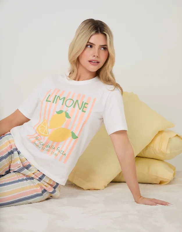 Cream Petite Lemonade Graphic Print Cotton Pyjamas (2-Piece Set) made by Threadbare