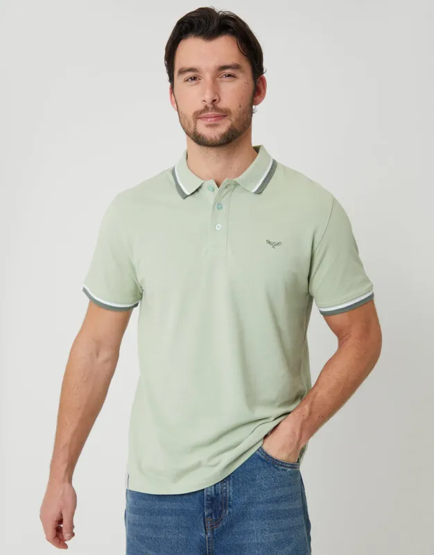 Sage Green Herringbone Tipping Detail Pique Polo Shirt sold by Threadbare