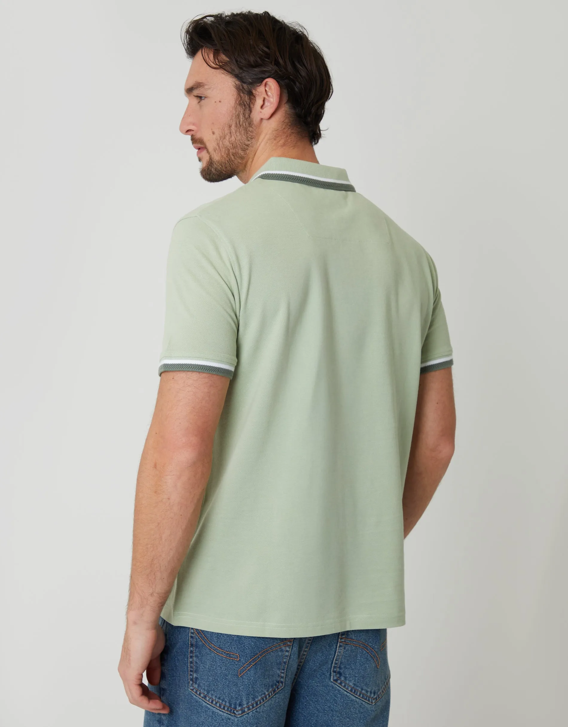 Sage Green Herringbone Tipping Detail Pique Polo Shirt sold by Threadbare product image thumbnail 2