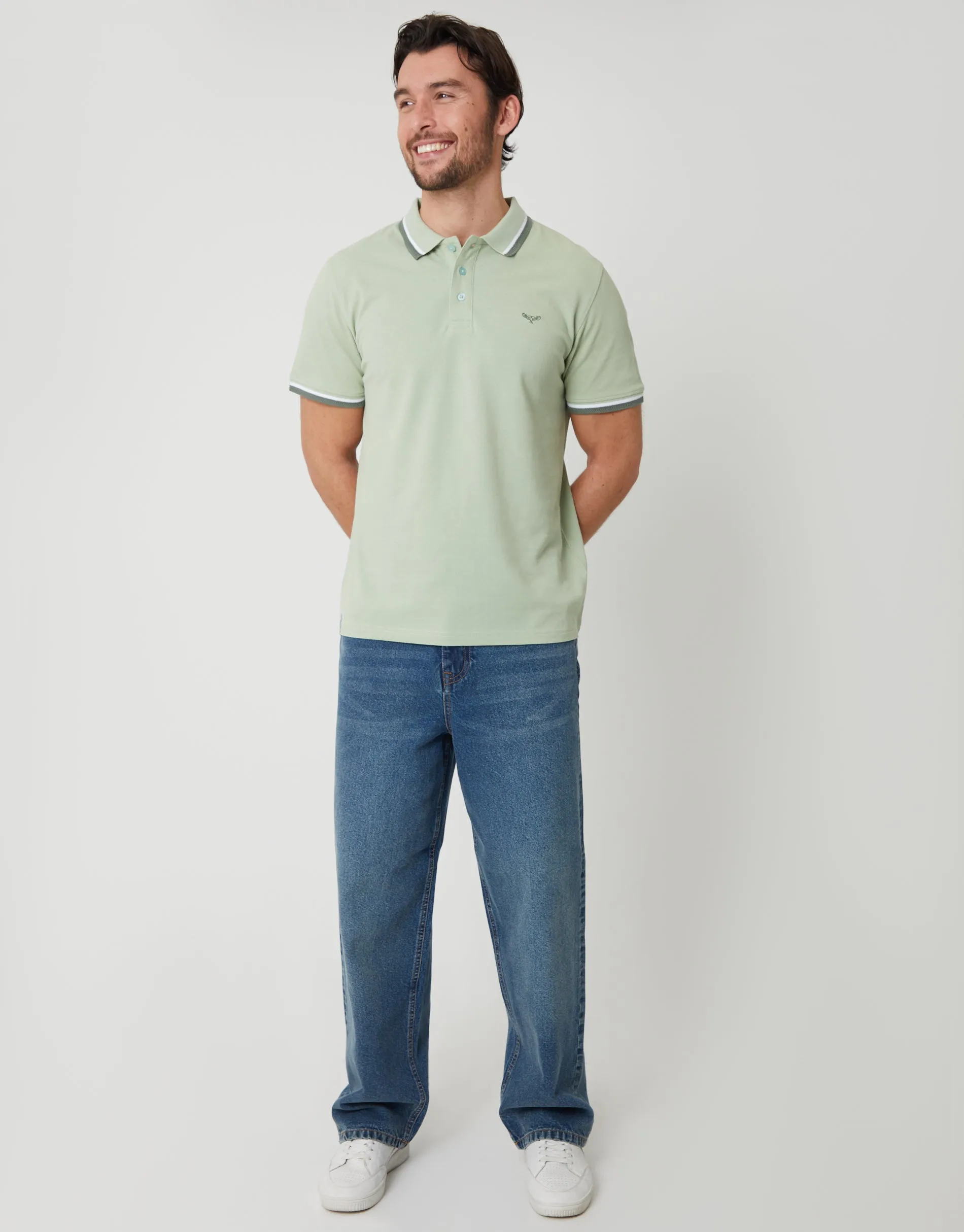 Sage Green Herringbone Tipping Detail Pique Polo Shirt sold by Threadbare product image thumbnail 3