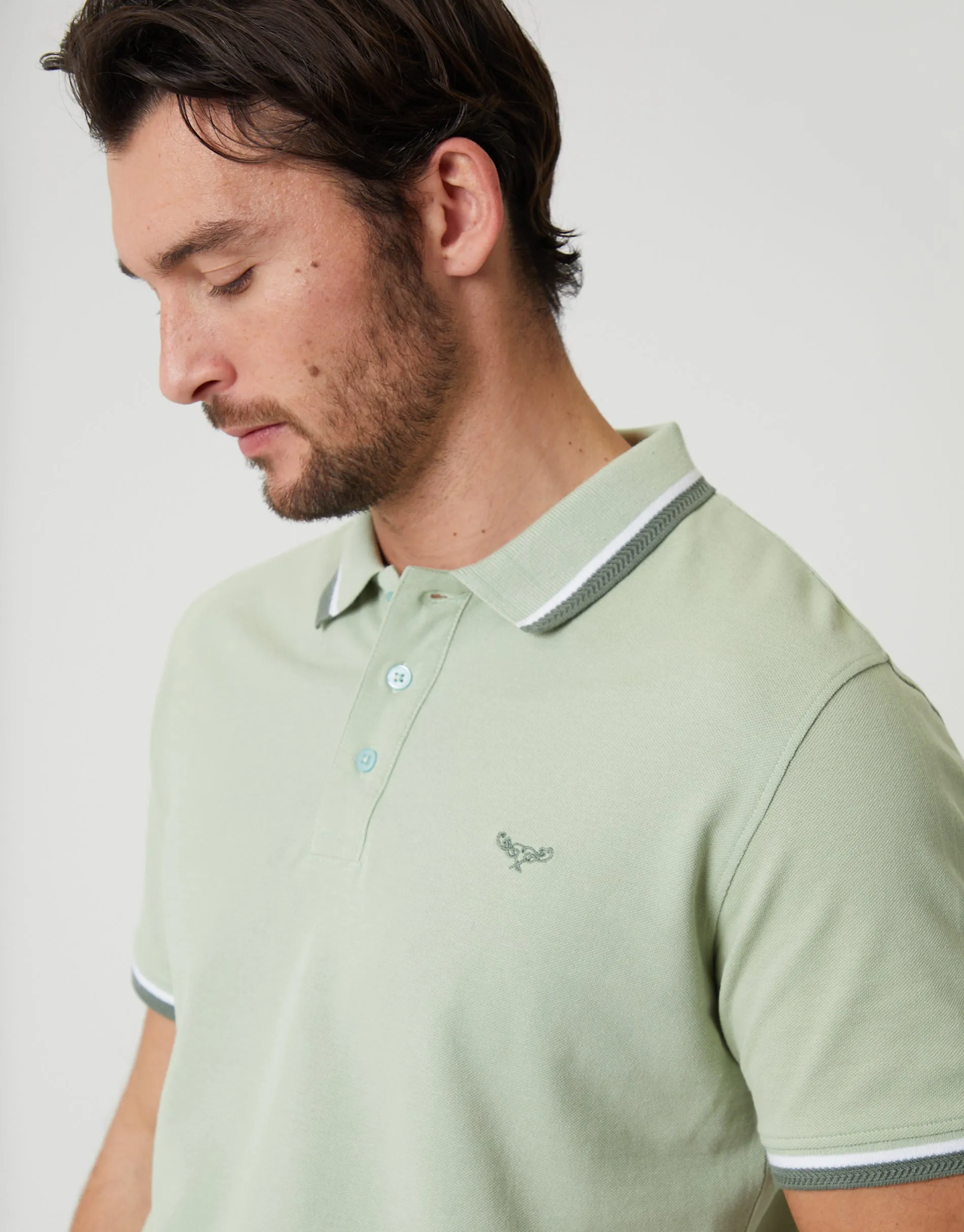 Sage Green Herringbone Tipping Detail Pique Polo Shirt sold by Threadbare product image thumbnail 4