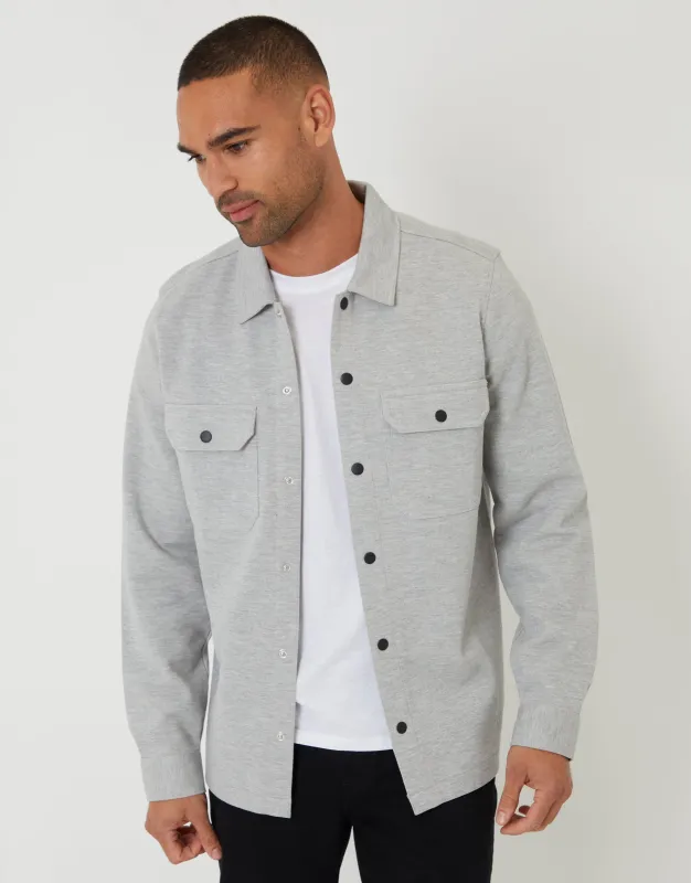 Light Grey Pique Popper Fastening Shacket made by Threadbare