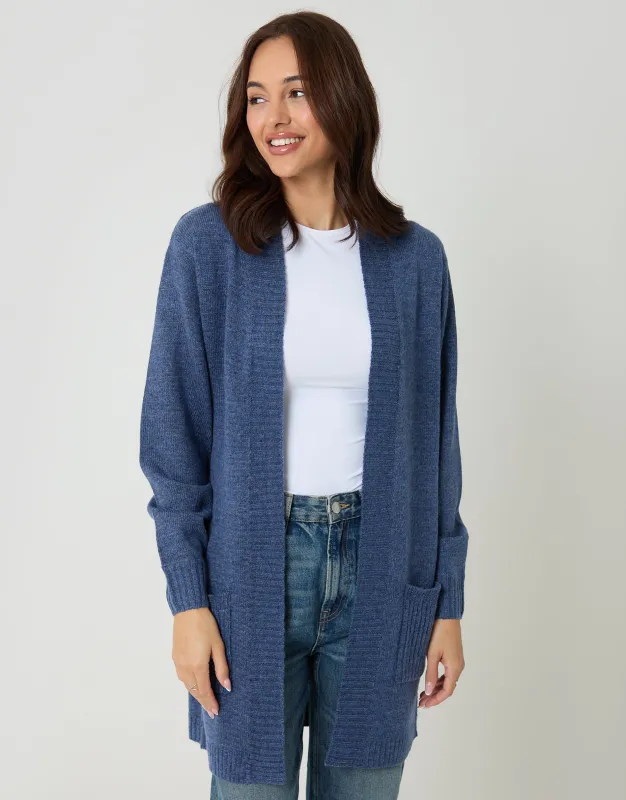 Blue Longline Knitted Open Cardigan sold by Threadbare