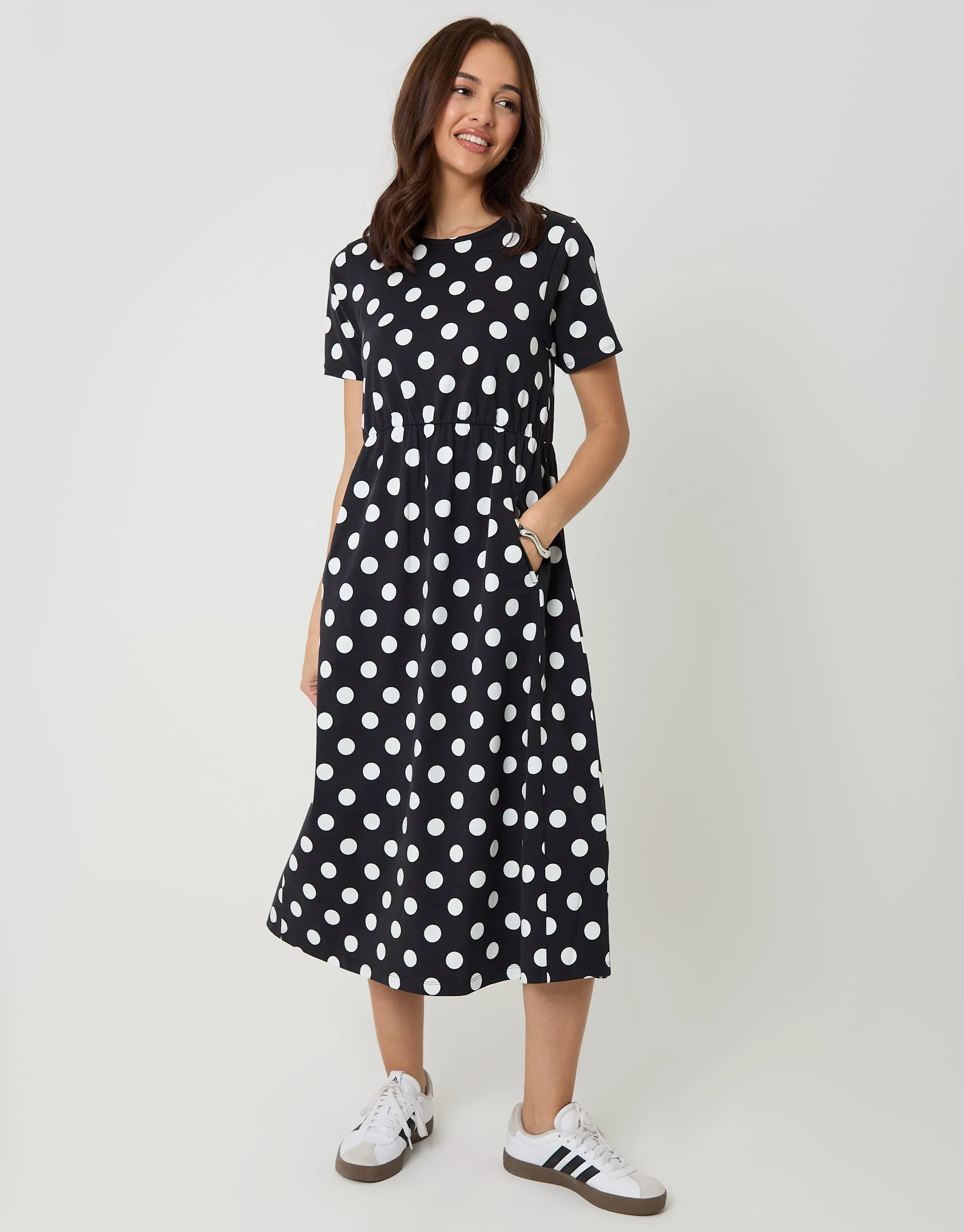 Pure Cotton Midi Smock Dress with Pockets in Black Polka Dot sold by Threadbare