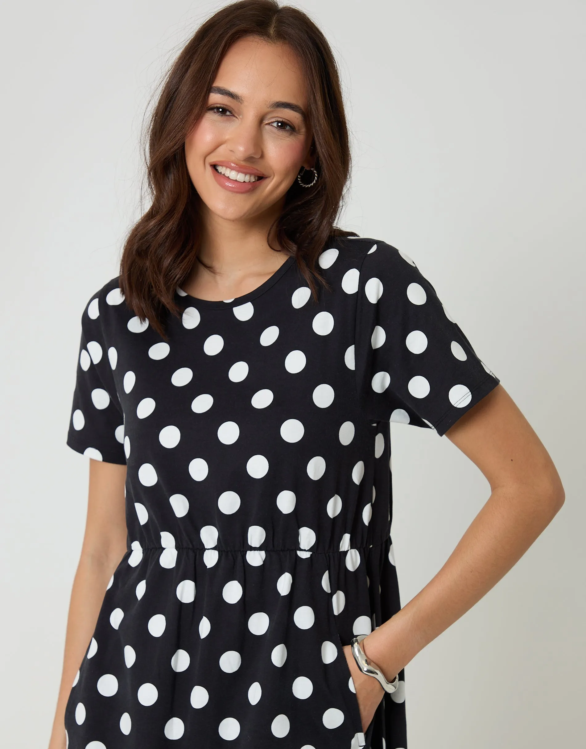 Pure Cotton Midi Smock Dress with Pockets in Black Polka Dot sold by Threadbare product image thumbnail 4