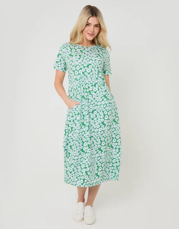 Green Floral Jersey Midi Smock Dress with Pockets sold by Threadbare