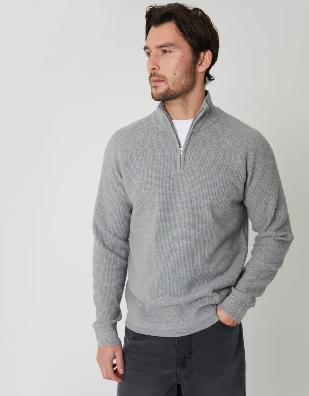 Grey Marl Waffle Knit Raglan Quarter Zip Jumper sold by Threadbare