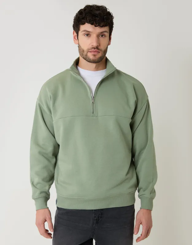 Green Relaxed Fit Half Zip Sweatshirt sold by Threadbare