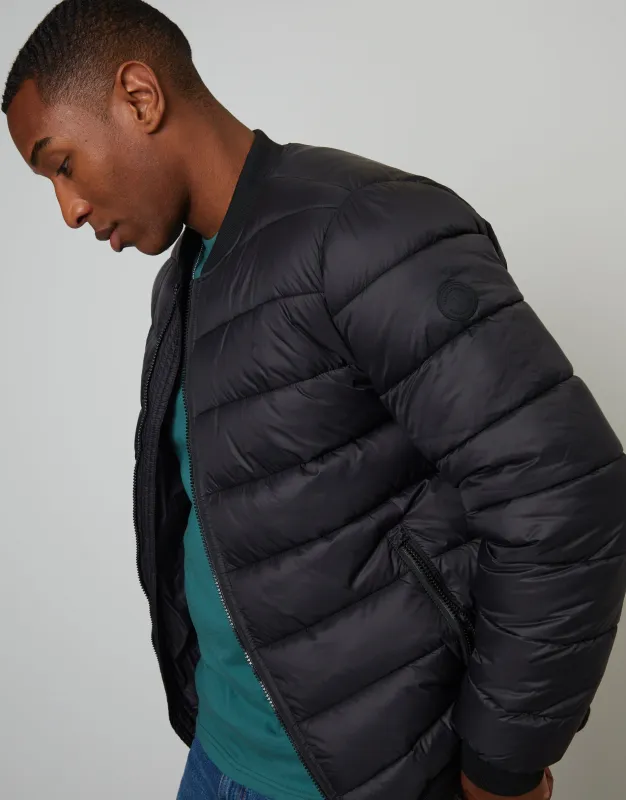 Quilted Bomber Jacket in Black made by Threadbare