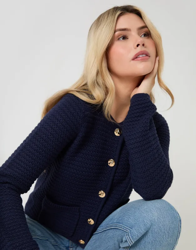 Navy Patch Pocket Crew Neck Cardigan sold by Threadbare