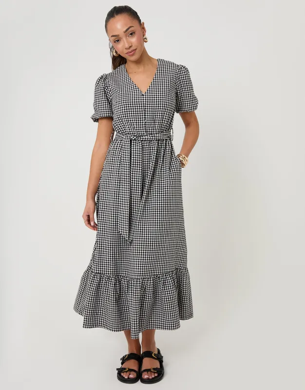 Mono Gingham Tiered Hem Puff Sleeve Maxi Dress made by Threadbare