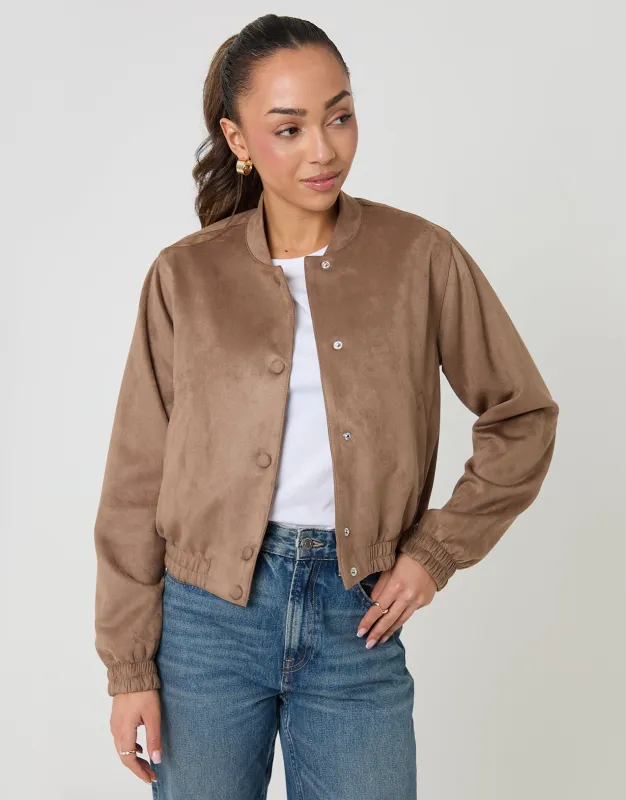Taupe Faux Suede Bomber Jacket sold by Threadbare
