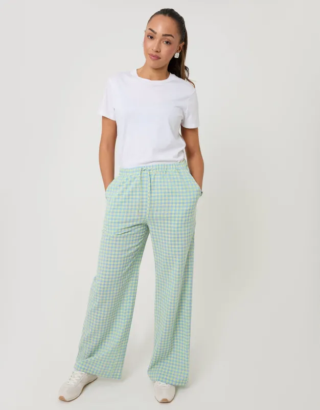 Blue & Yellow Gingham Wide Leg Trousers with Pockets sold by Threadbare