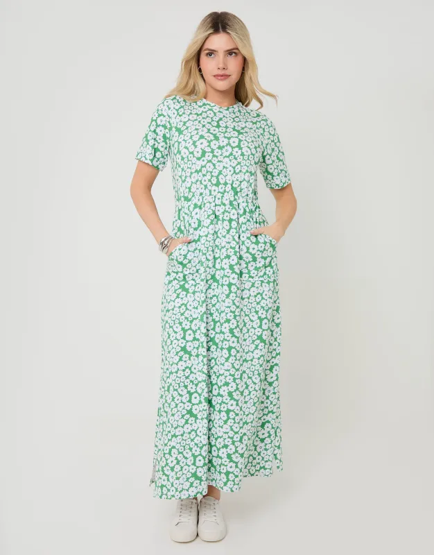 Green Floral Crew Neck Jersey Midi Dress with Patch Pockets sold by Threadbare