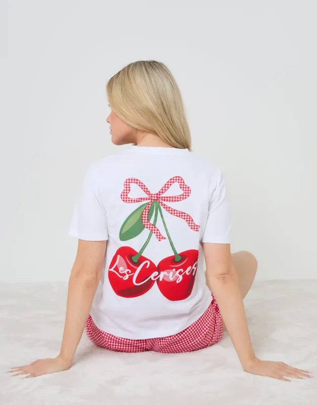 Red Embroidered Cherry Gingham Seersucker Short Pyjama Set sold by Threadbare