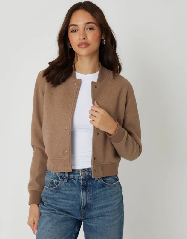Mocha Brown Faux Wool Bomber Jacket sold by Threadbare