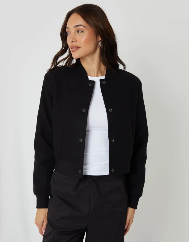 Black Faux Wool Bomber Jacket made by Threadbare