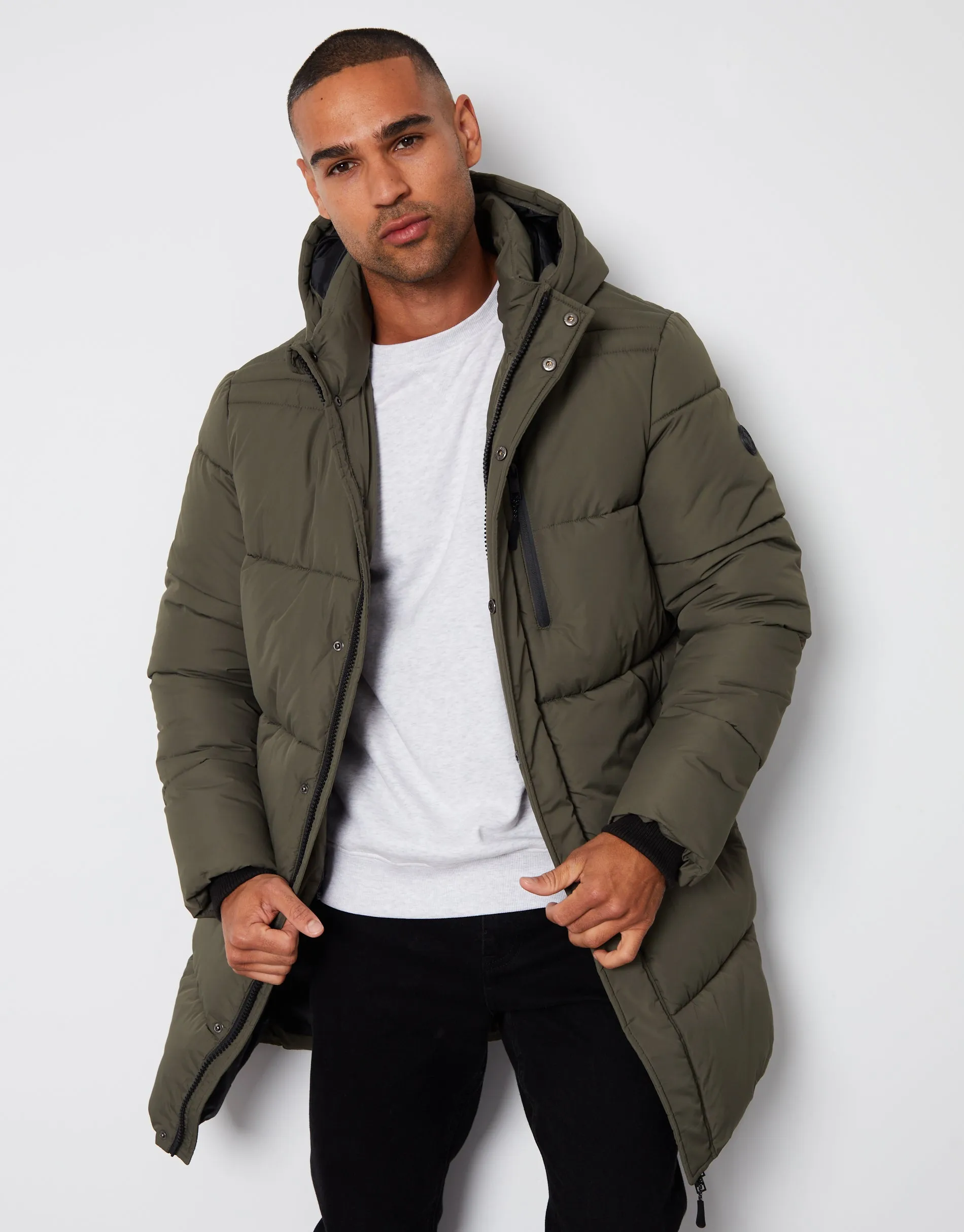 Khaki Green Showerproof Hooded Longline Puffer Jacket sold by Threadbare