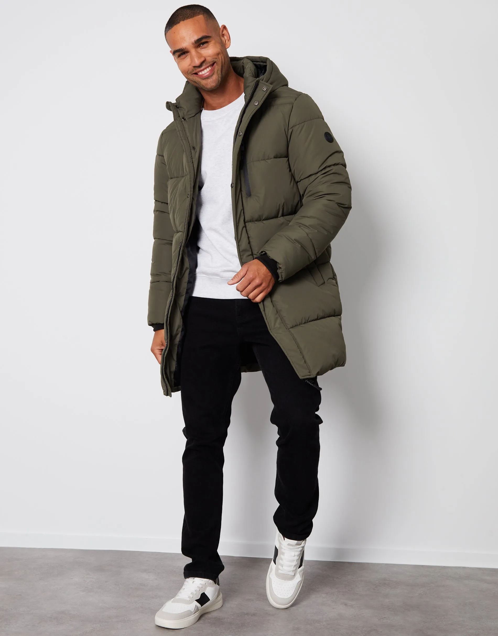 Khaki Green Showerproof Hooded Longline Puffer Jacket sold by Threadbare product image thumbnail 3