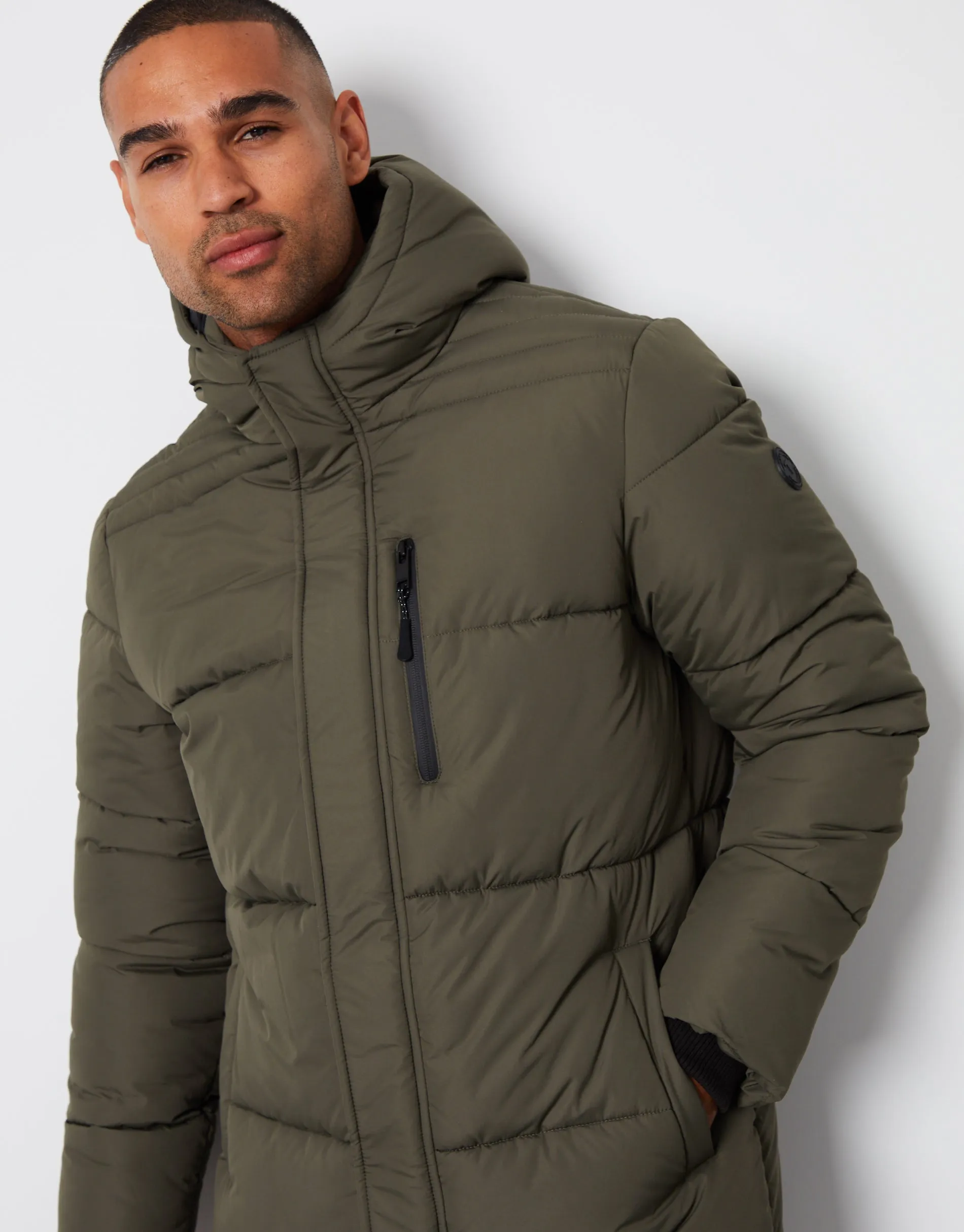 Khaki Green Showerproof Hooded Longline Puffer Jacket sold by Threadbare product image thumbnail 4