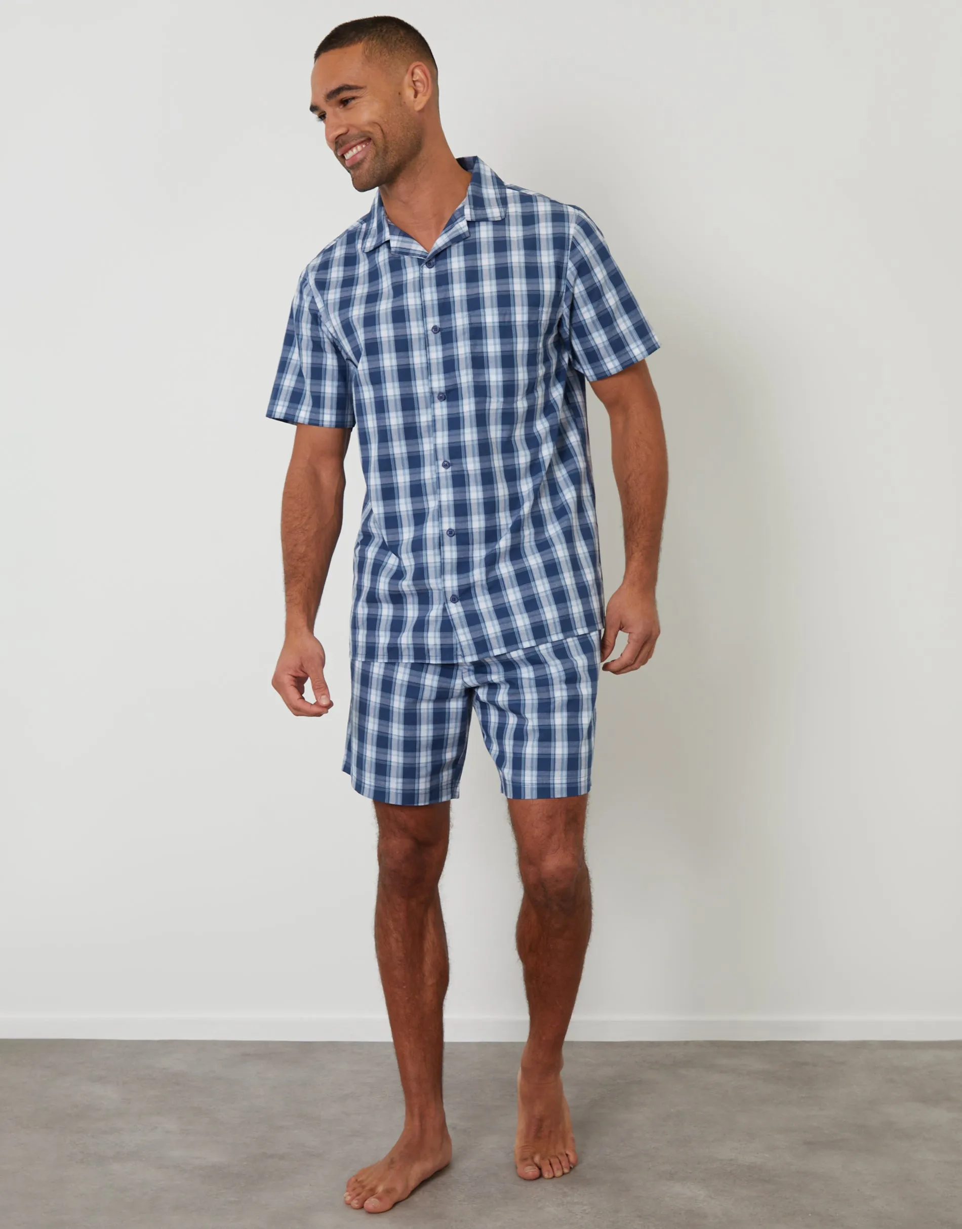 Short Sleeve Shirt & Shorts Pyjama Set in Navy Check sold by Threadbare product image thumbnail 3