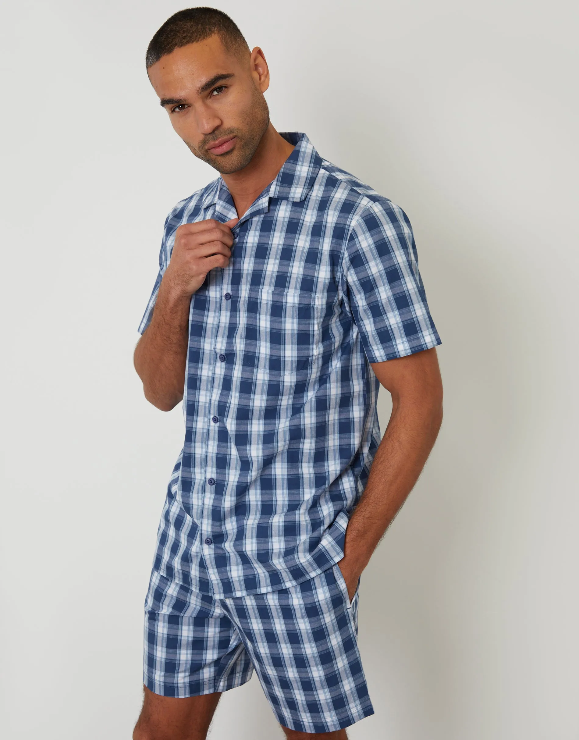 Short Sleeve Shirt & Shorts Pyjama Set in Navy Check sold by Threadbare