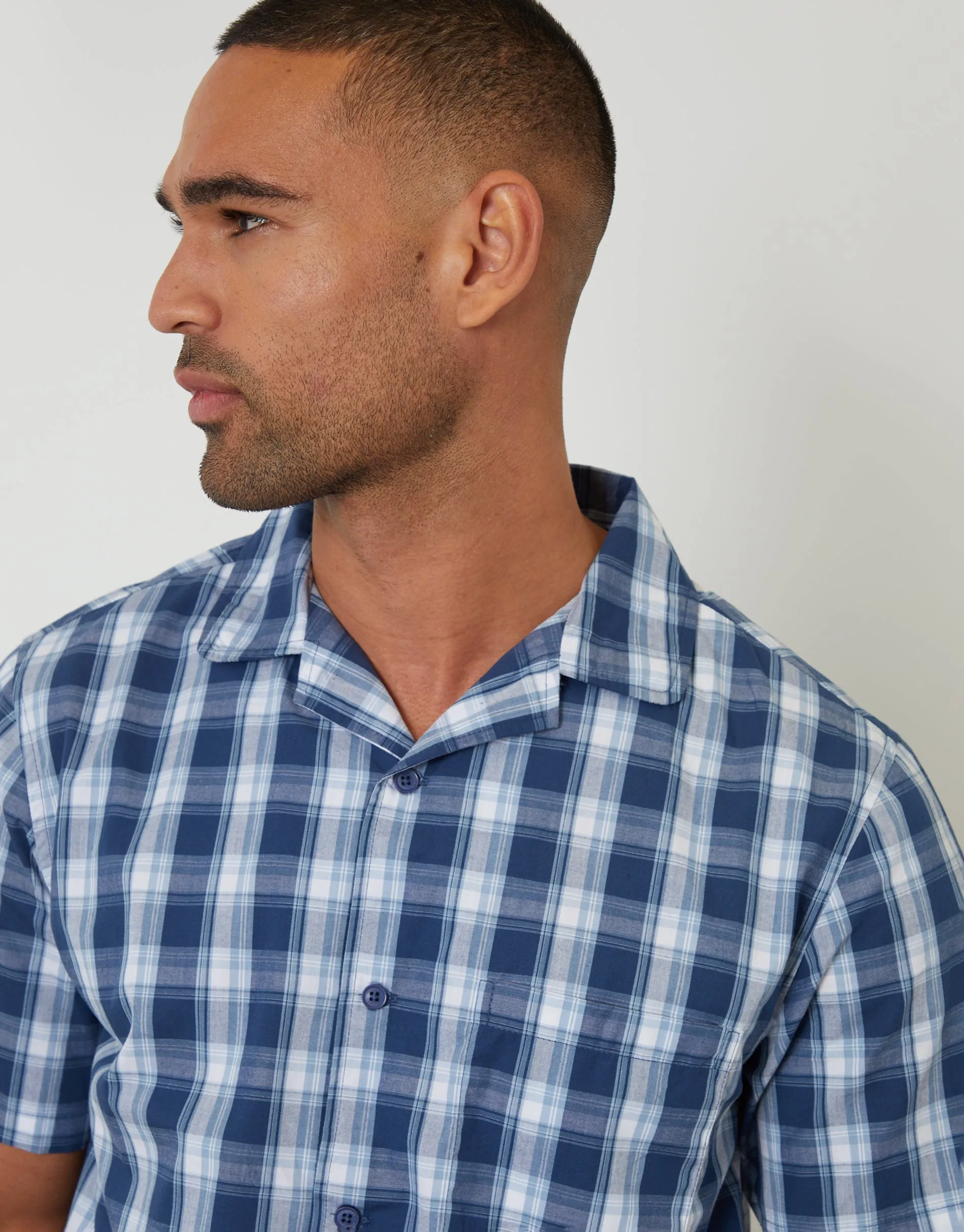 Short Sleeve Shirt & Shorts Pyjama Set in Navy Check sold by Threadbare product image thumbnail 4