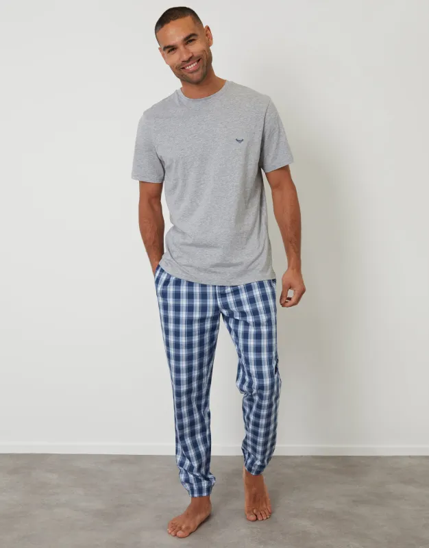 Grey Marl & Blue Check T-Shirt & Cuffed Bottoms Pyjama Set sold by Threadbare