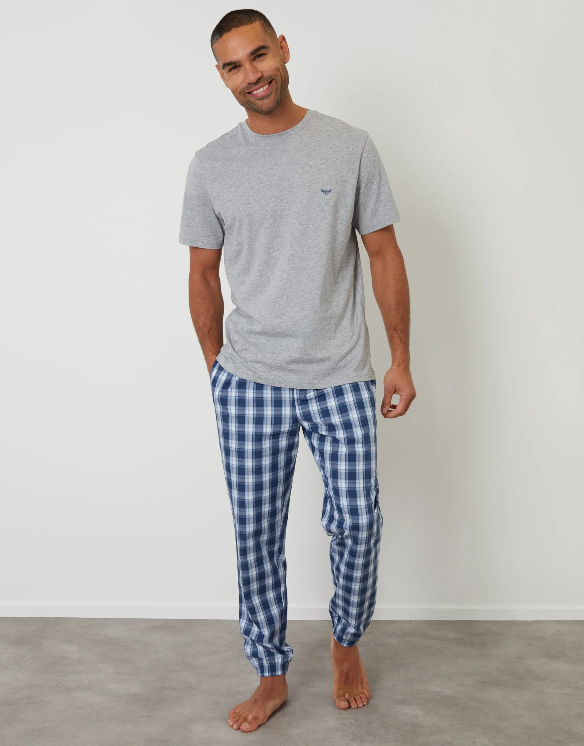 Grey Marl & Blue Check T-Shirt & Cuffed Bottoms Pyjama Set sold by Threadbare