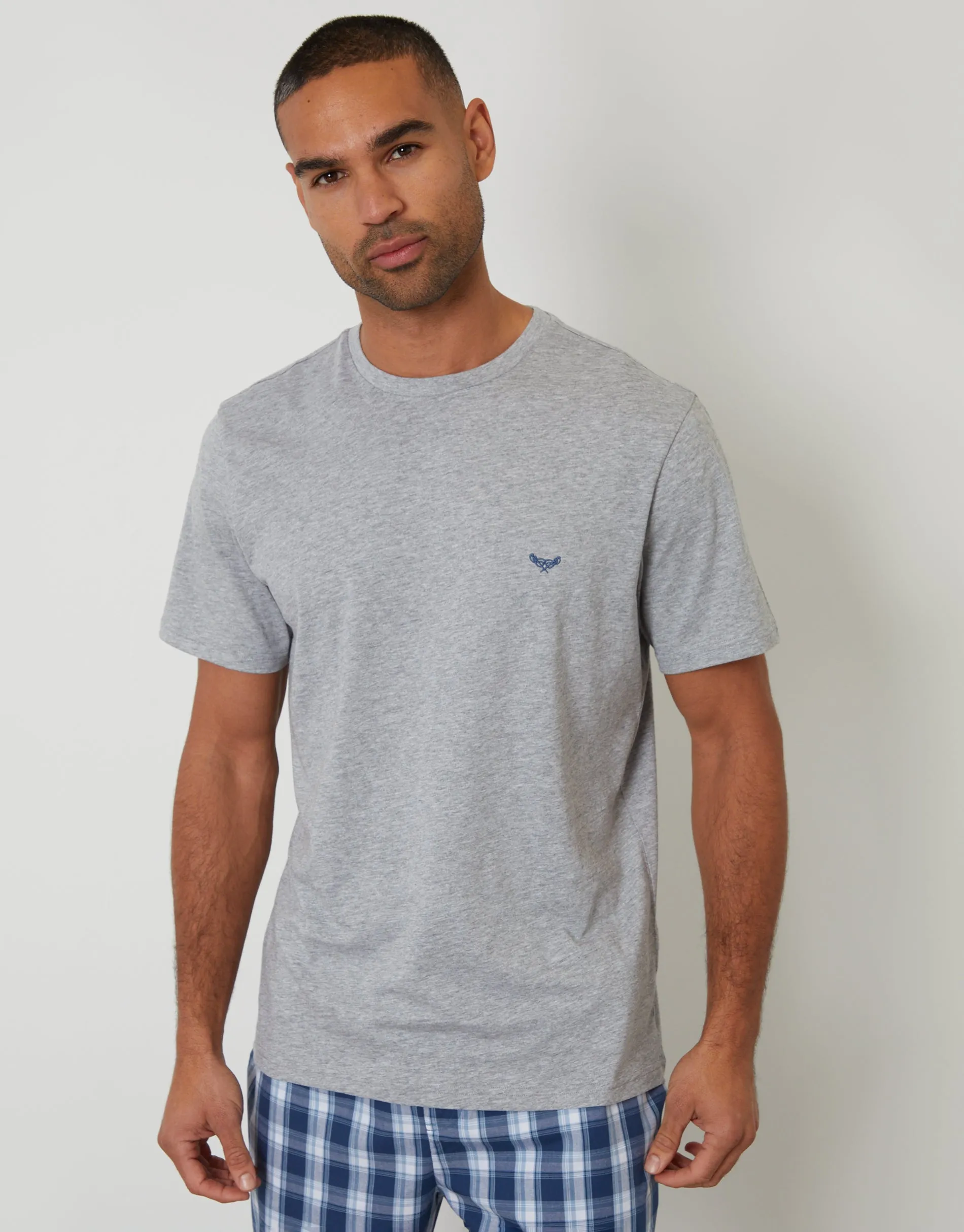 Grey Marl & Blue Check T-Shirt & Cuffed Bottoms Pyjama Set sold by Threadbare product image thumbnail 2