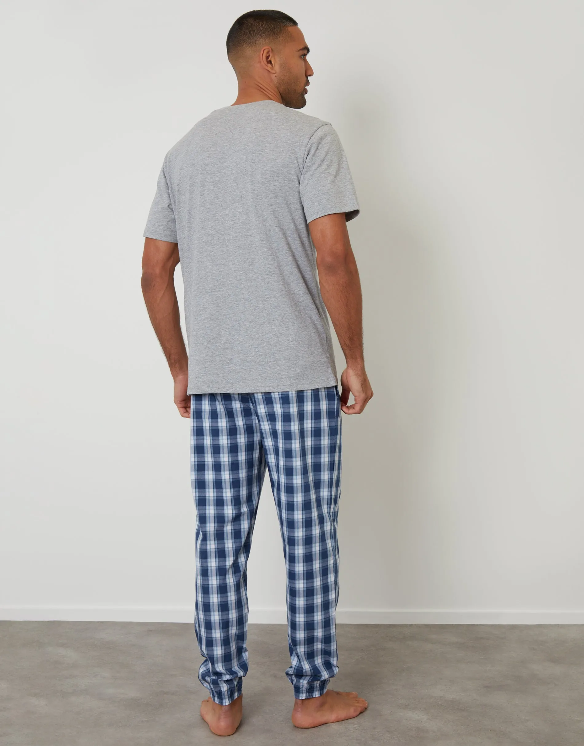 Grey Marl & Blue Check T-Shirt & Cuffed Bottoms Pyjama Set sold by Threadbare product image thumbnail 3