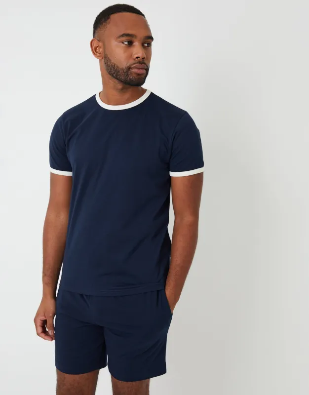 Navy Contrast Binding Short Lounge Set sold by Threadbare
