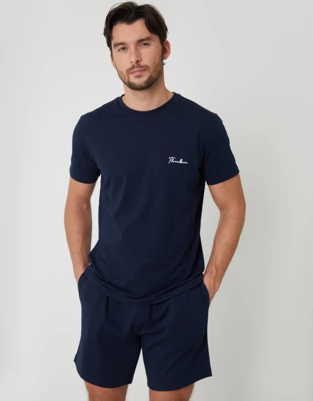 Navy Script Logo Short Lounge Set sold by Threadbare