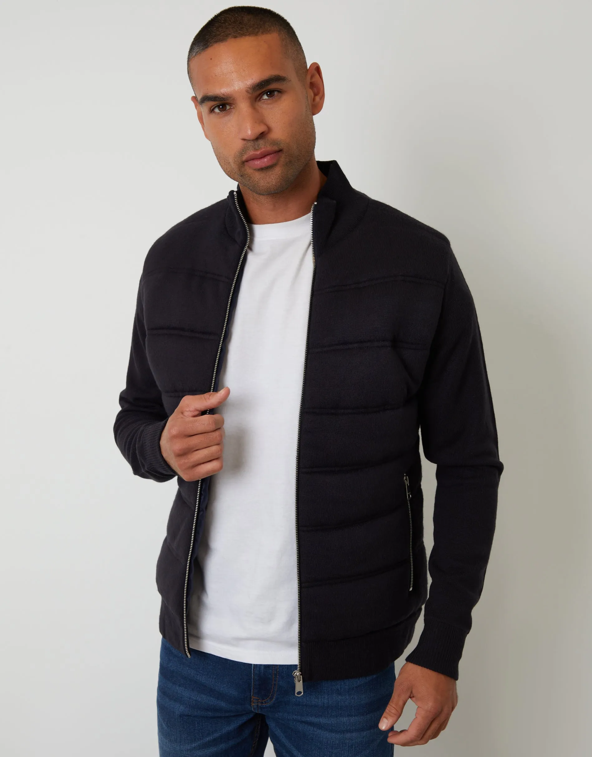 Navy Quilted Zip Up Knitted Jacket sold by Threadbare